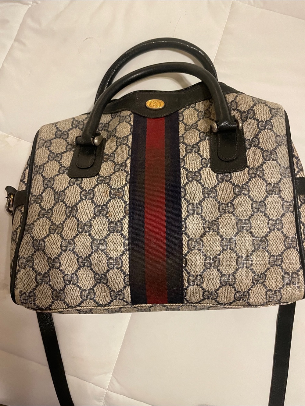 Gucci Beige GG Supreme Satchel with Navy and Red Web Stripe-vintage